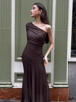 Vestido Largo Marrón Chocolate Escote Bardot