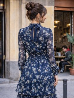 Vestido Largo Volantes Gota Tonos Marinos - Imagen 3