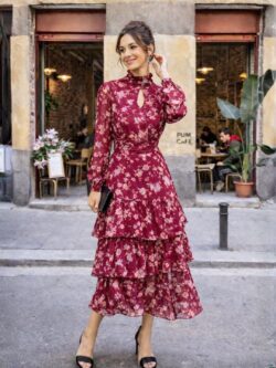 Vestido Largo Volantes Gota Tonos Cereza