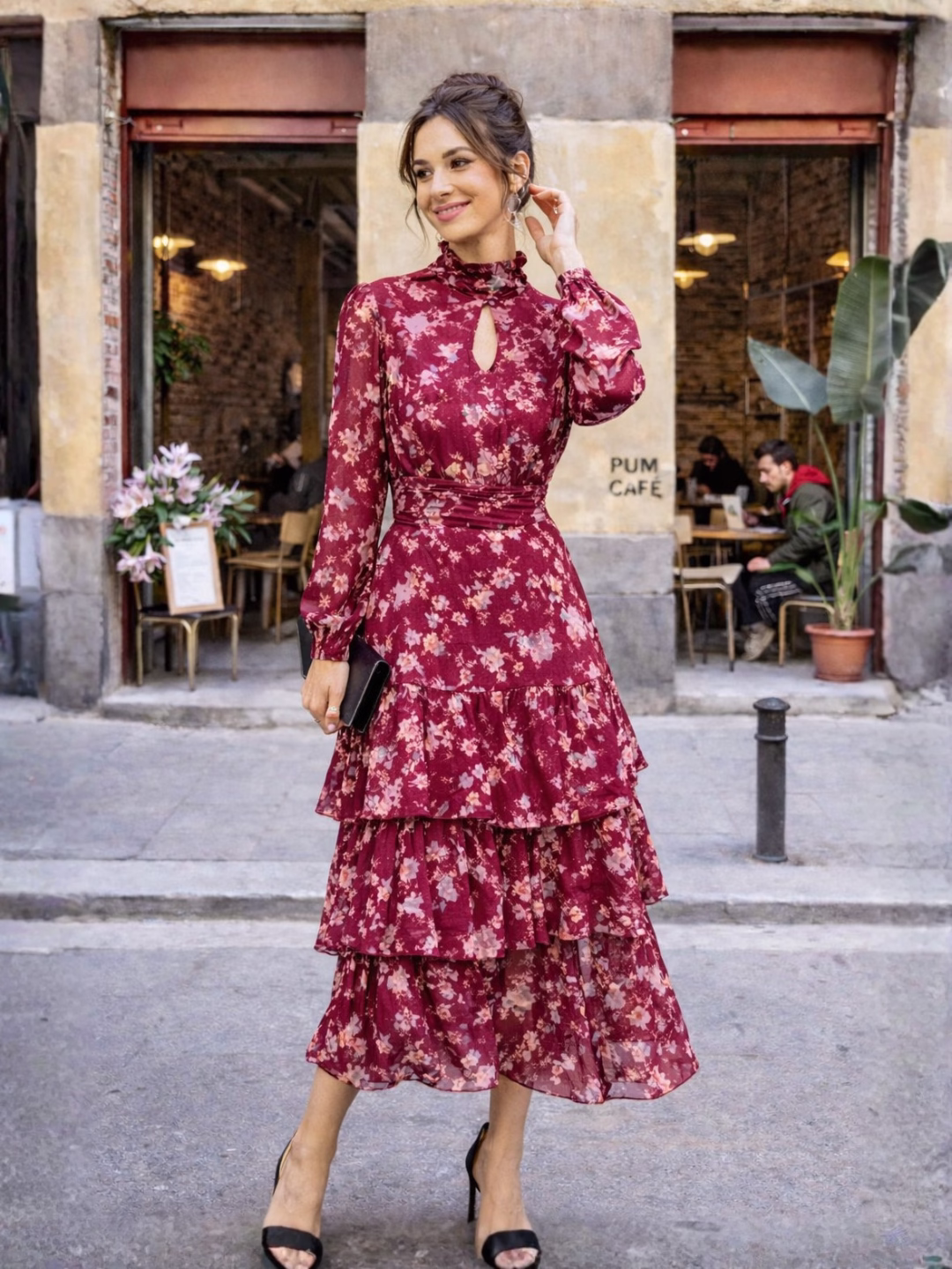 Vestido Largo Volantes Gota Tonos Cereza