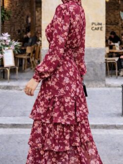 Vestido Largo Volantes Gota Tonos Cereza - Imagen 3