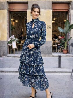 Vestido Largo Volantes Gota Tonos Marinos