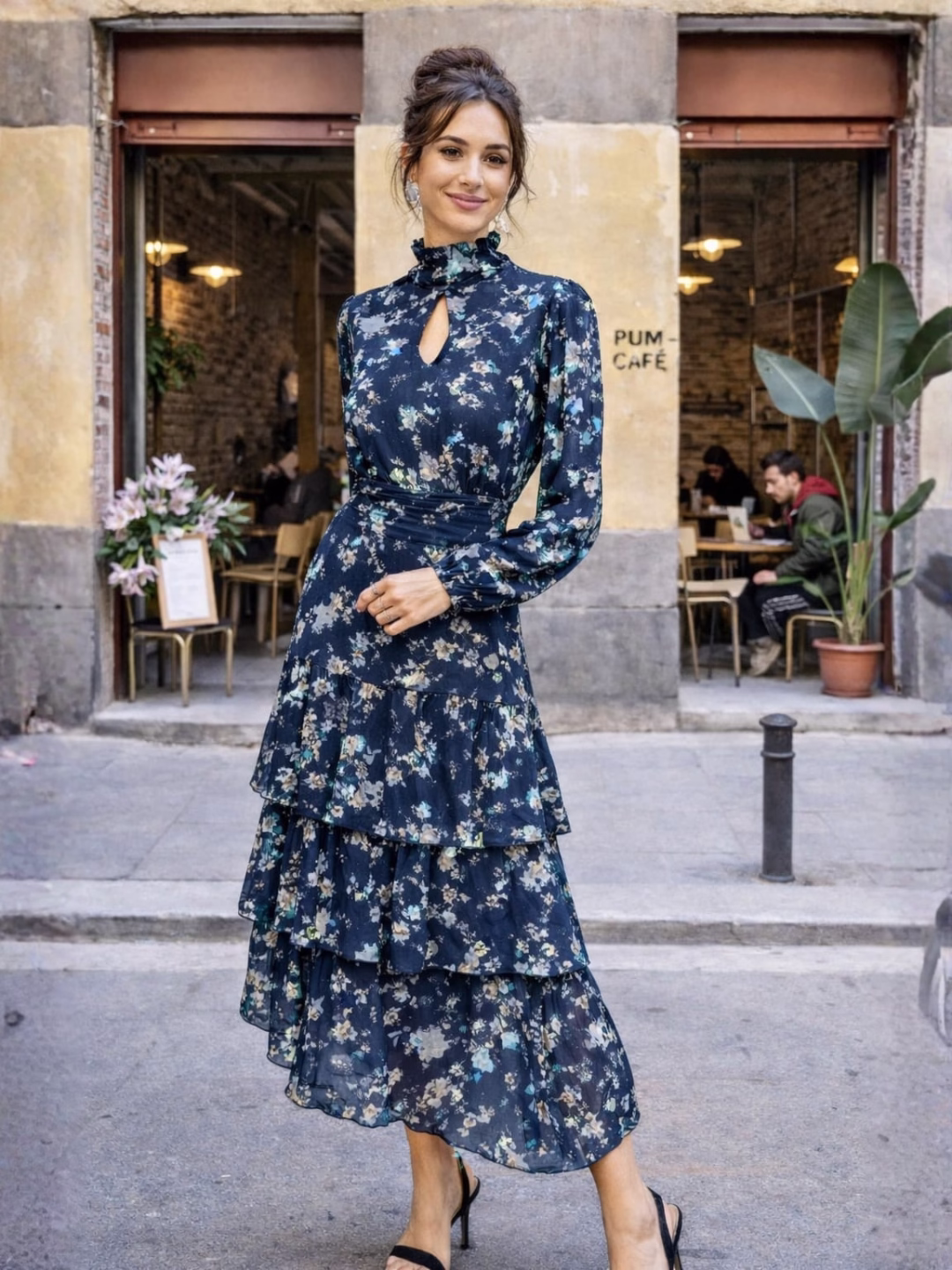 Vestido Largo Volantes Gota Tonos Marinos