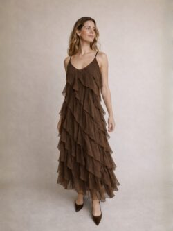 Vestido Largo Ébano Chocolate con Volantes