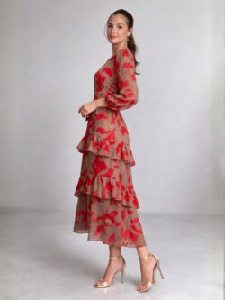 Vestido Midi Cruzado Floral Rojo y Nude