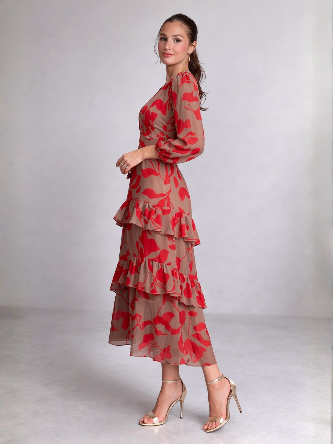 Vestido Midi Cruzado Floral Rojo y Nude