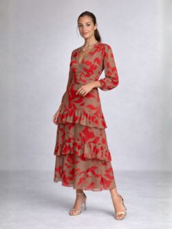 Vestido Midi Cruzado Floral Rojo y Nude