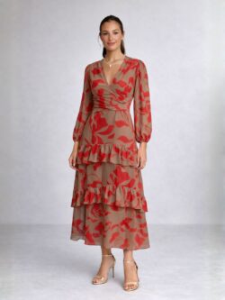Vestido Midi Cruzado Floral Rojo y Nude - Imagen 4