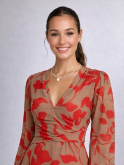 Vestido Midi Cruzado Floral Rojo y Nude - Imagen 3