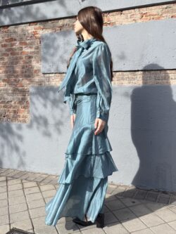 Falda Midi Aguamarina con Volantes