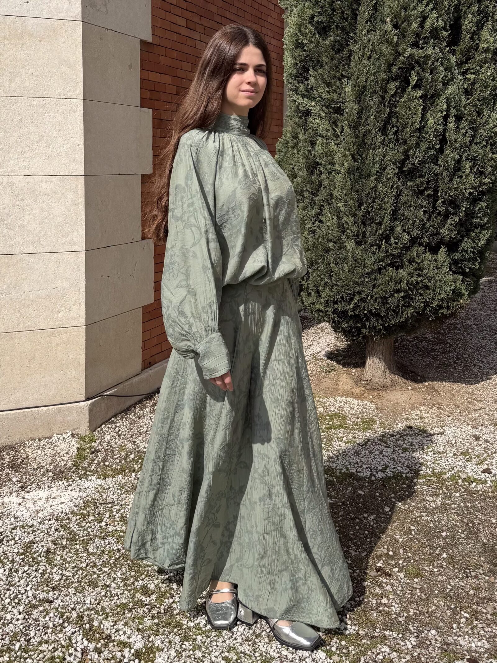 Falda Larga Verde Salvia Bordada