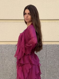 Vestido Largo de Seda Frambuesa con Volantes - Imagen 5