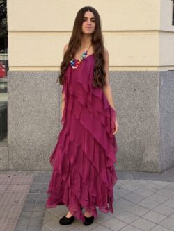 Vestido Largo de Seda Frambuesa con Volantes - Imagen 8