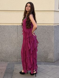 Vestido Largo de Seda Frambuesa con Volantes - Imagen 9