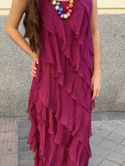 Vestido Largo de Seda Frambuesa con Volantes - Imagen 6