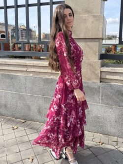 Vestido Largo Volantes Gota Tonos Cereza - Imagen 2