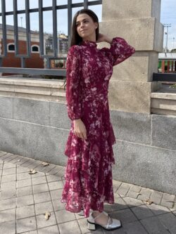 Vestido Largo Volantes Gota Tonos Cereza - Imagen 5