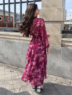 Vestido Largo Volantes Gota Tonos Cereza - Imagen 6