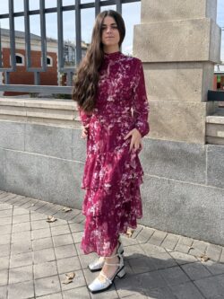 Vestido Largo Volantes Gota Tonos Cereza - Imagen 4