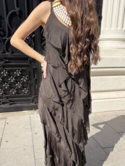 Vestido Largo Ébano Chocolate con Volantes - Imagen 2