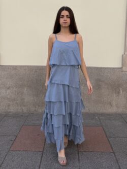 Vestido Largo Volantes Azul Bruma