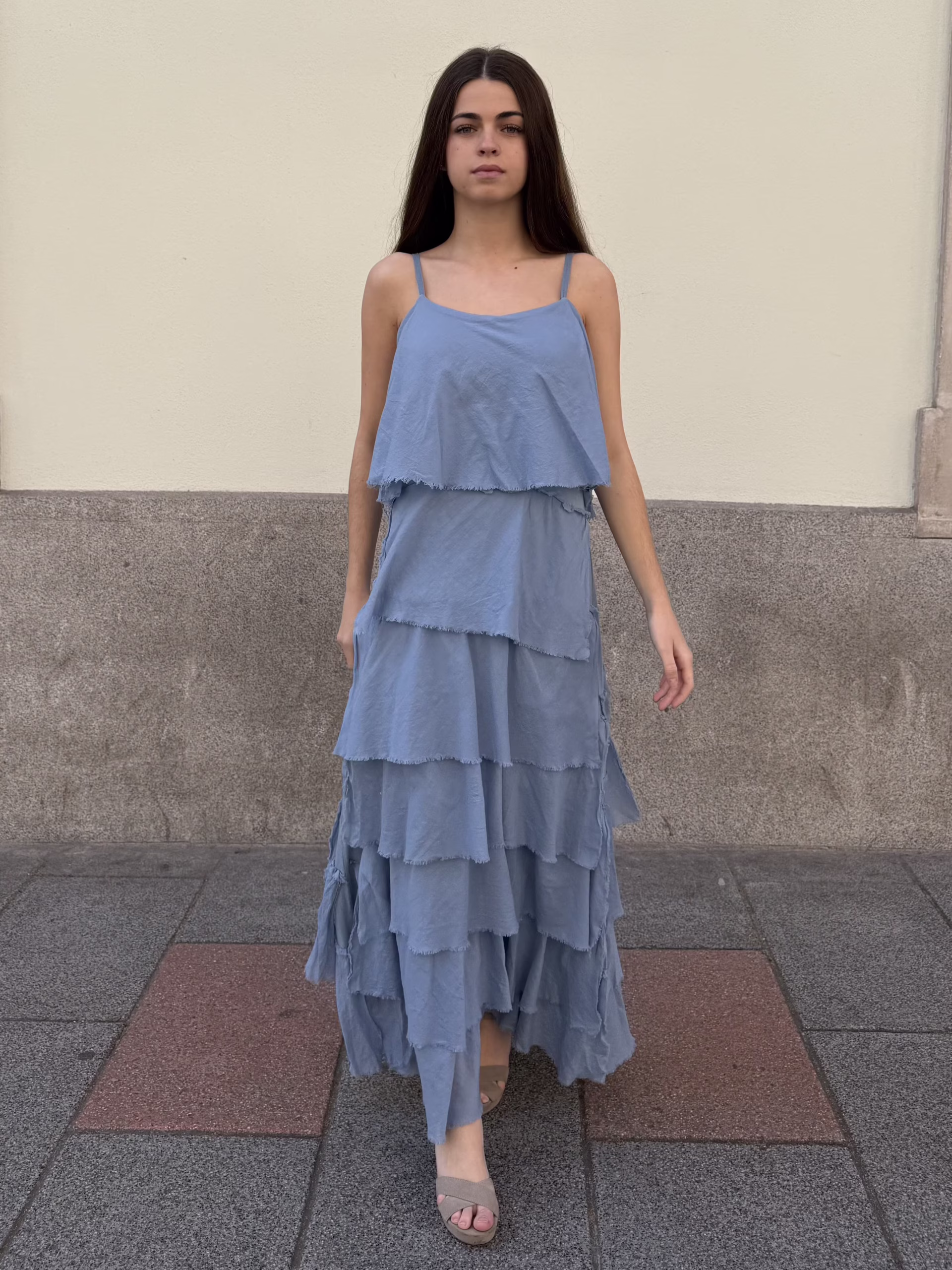 img-4331 Vestido Largo Volantes Azul Bruma - Imagen 1