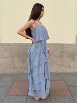 Vestido Largo Volantes Azul Bruma - Imagen 5