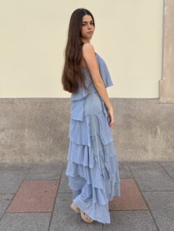 Vestido Largo Volantes Azul Bruma - Imagen 2