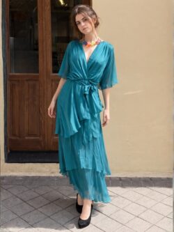 Vestido Largo de Seda Verde Petróleo con Nudo