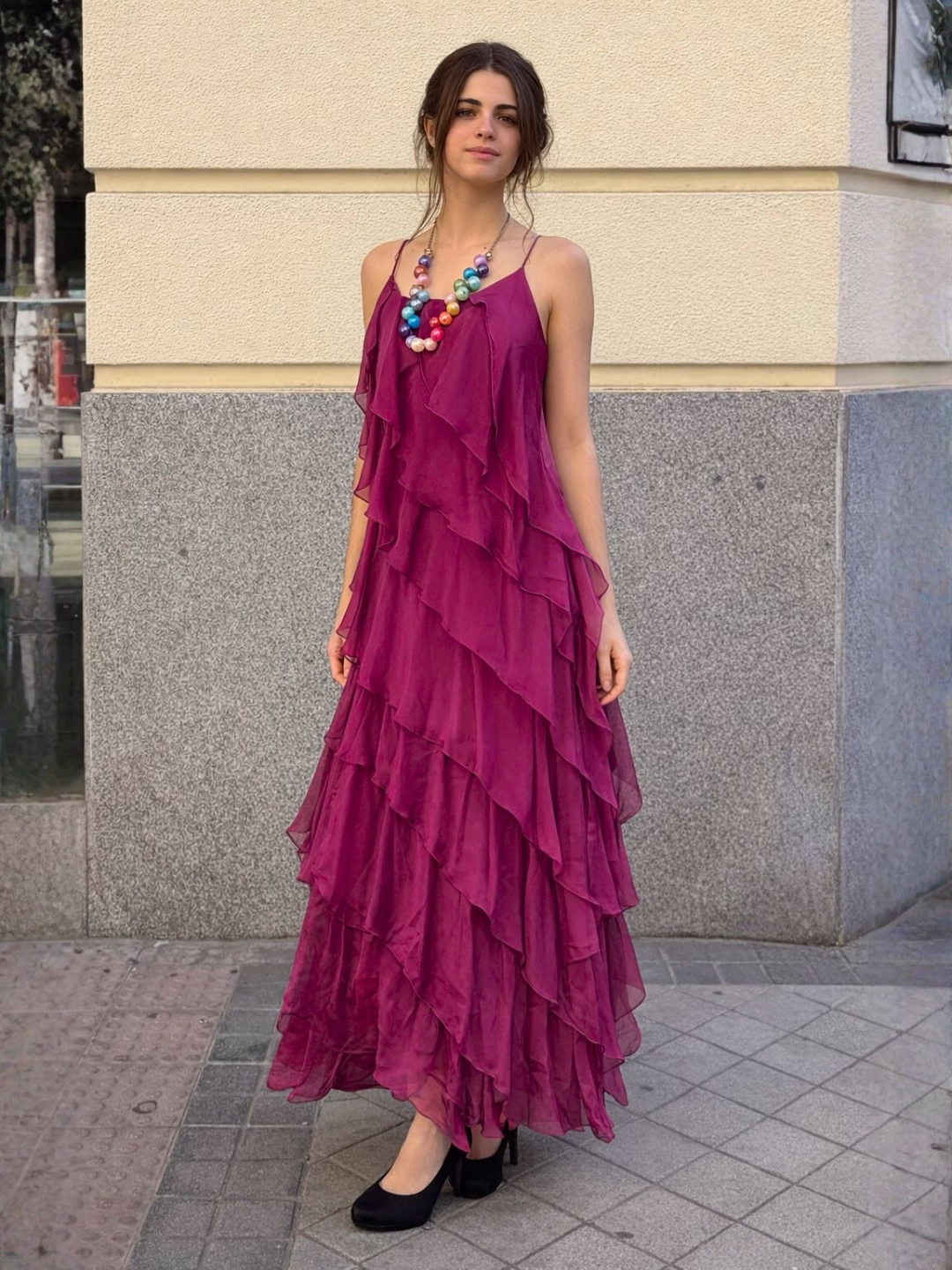 Vestido Largo de Seda Frambuesa con Volantes