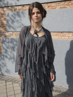 Vestido Largo de Seda Gris con Volantes - Imagen 2