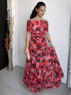 Vestido Largo Carmesí Escote Bardot - Imagen 3