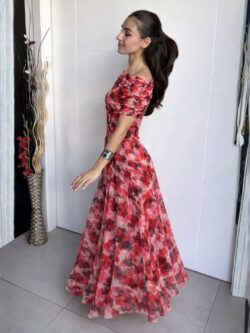 Vestido Largo Carmesí Escote Bardot - Imagen 2