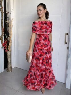 Vestido Largo Carmesí Escote Bardot