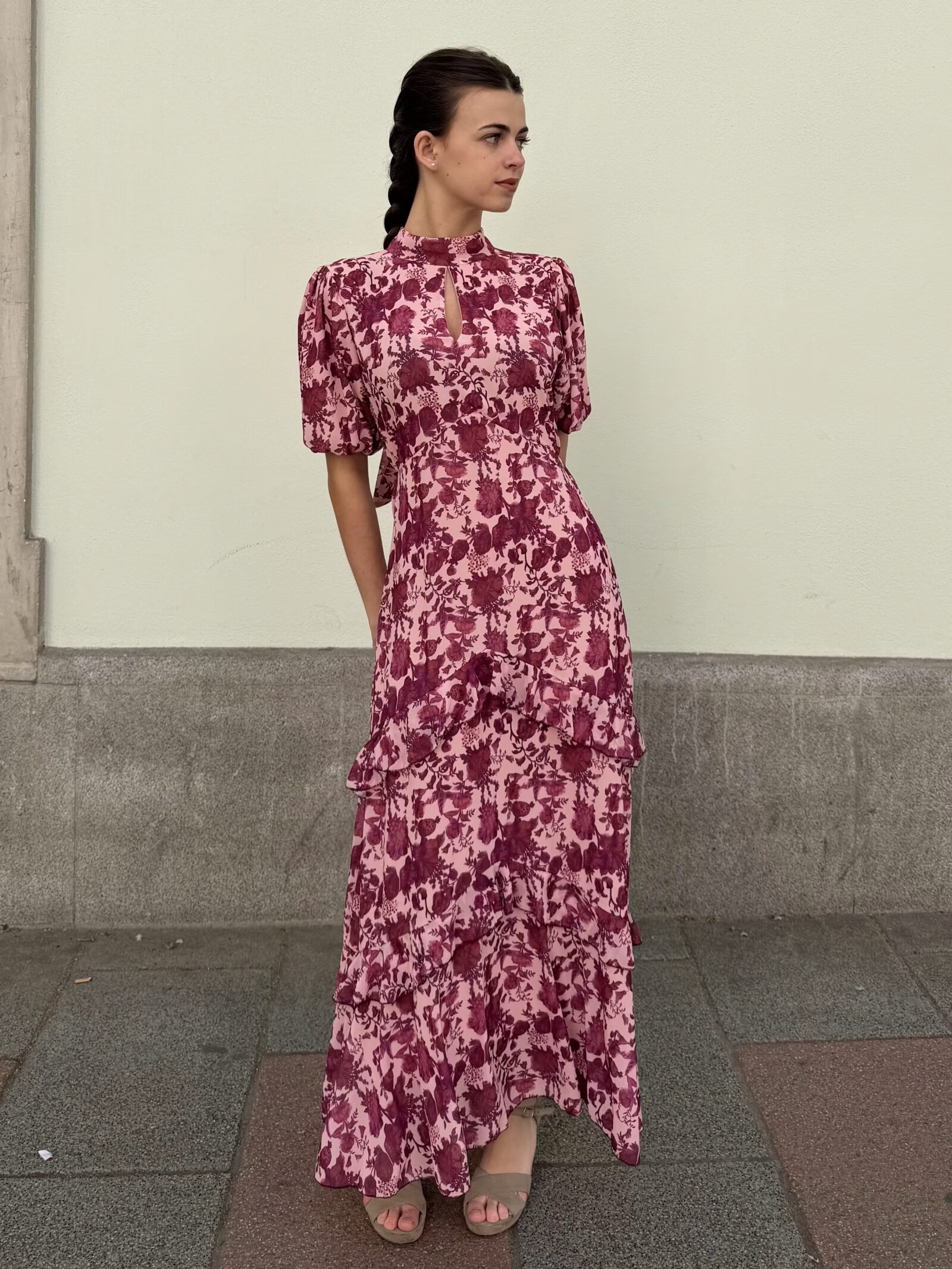 Vestido Midi Escote Gota Estampado Buganvilla