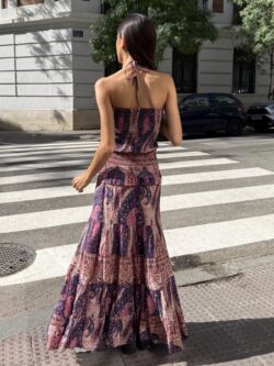 Vestido Largo Bandeau Paisley Vino