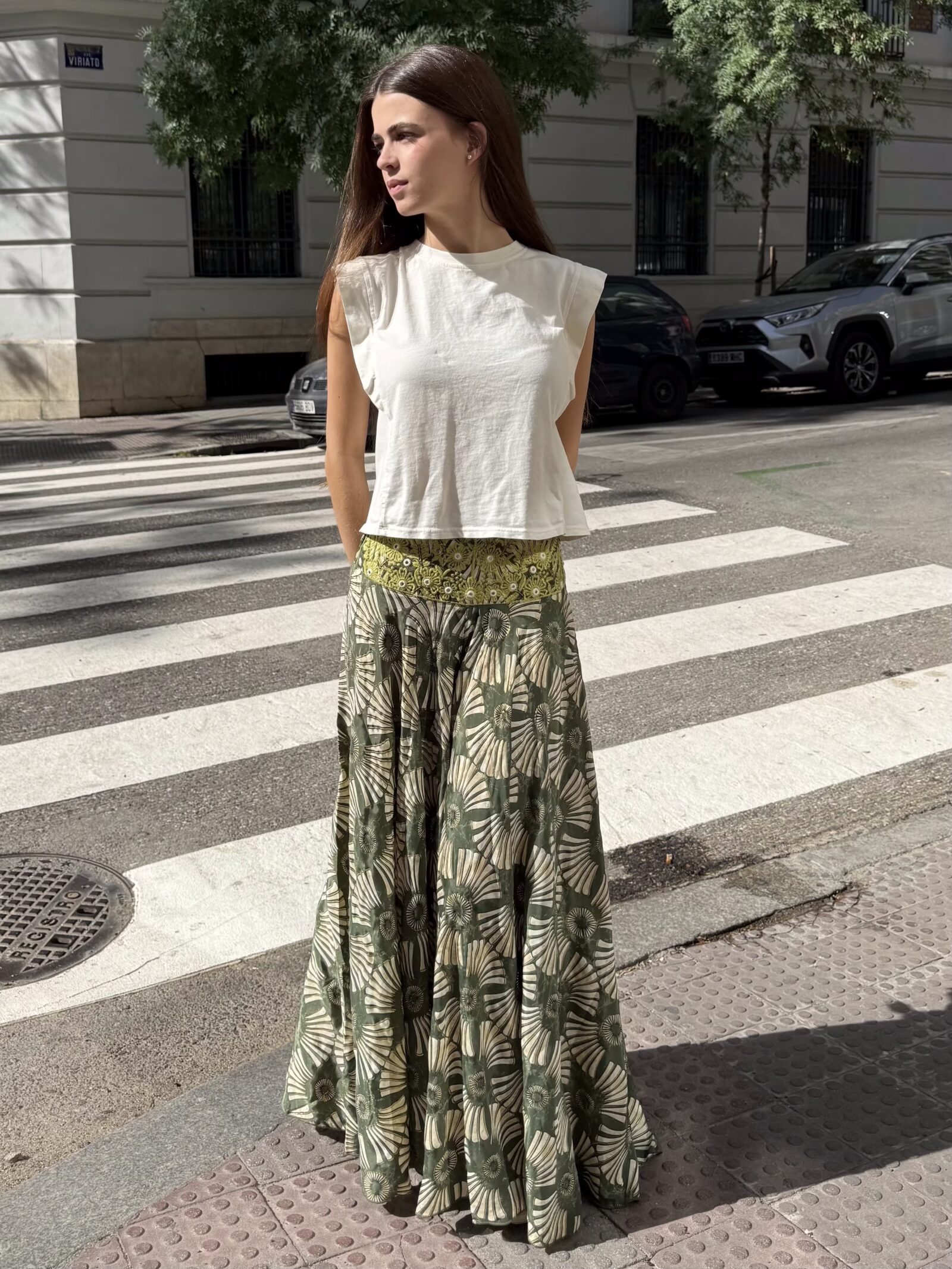 Pantalón Ancho Midi Oliva Estampado
