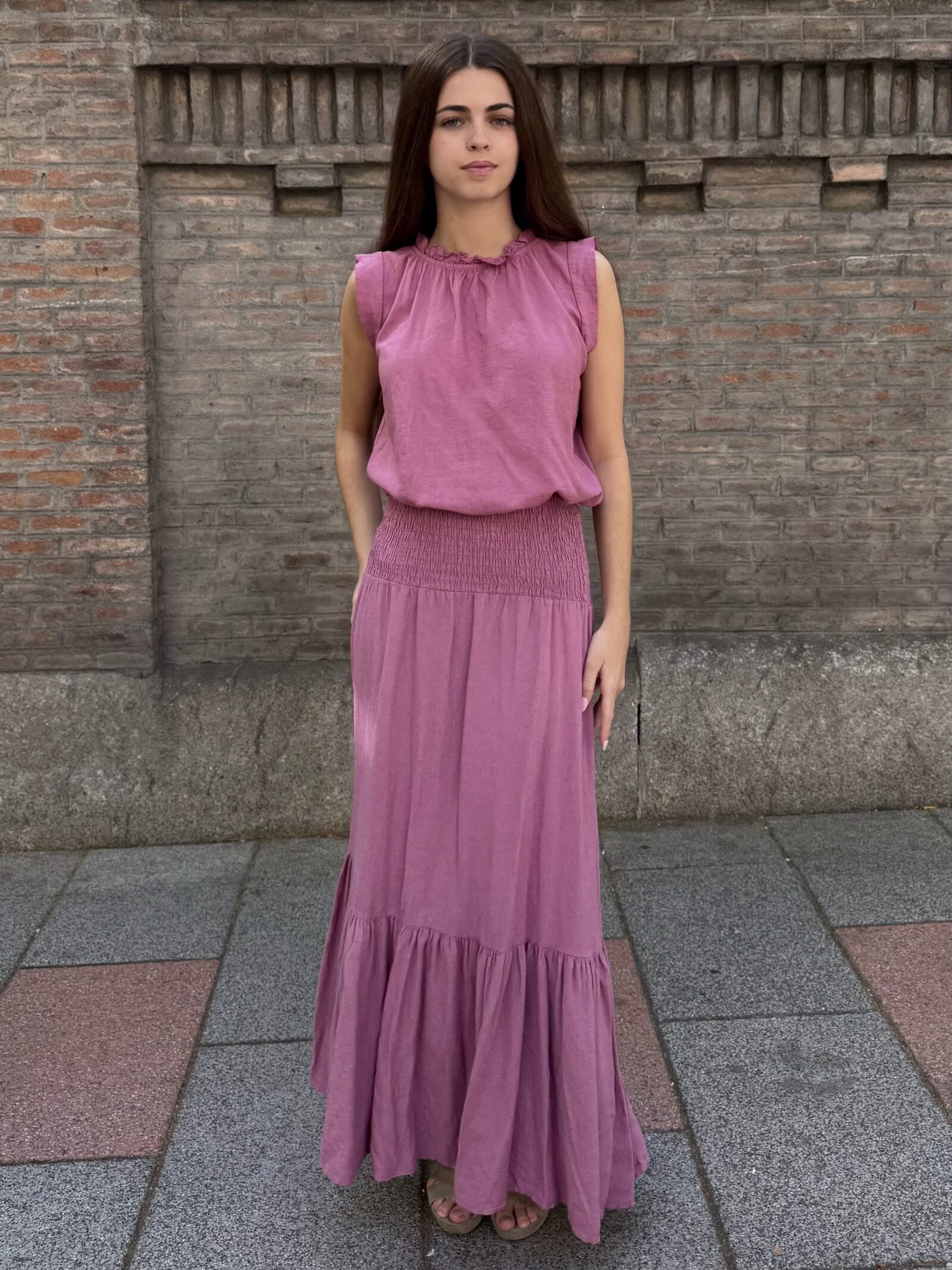 Falda Lino Rosa Empolvado Fruncida