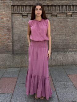 Falda Lino Rosa Empolvado Fruncida