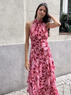 Vestido Halter Volantes Arilo Grosella