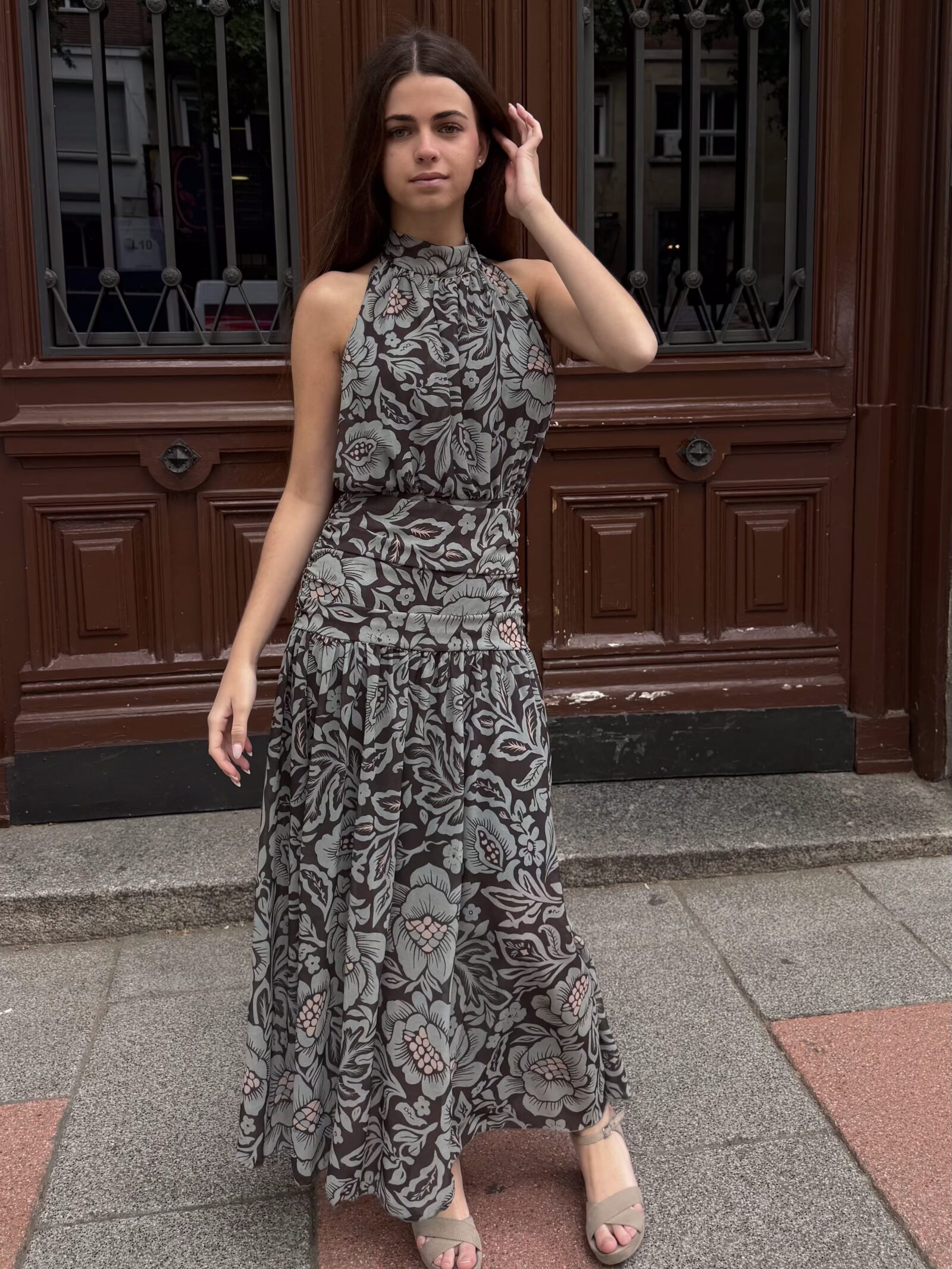 Vestido Halter Gris Azulado Floral