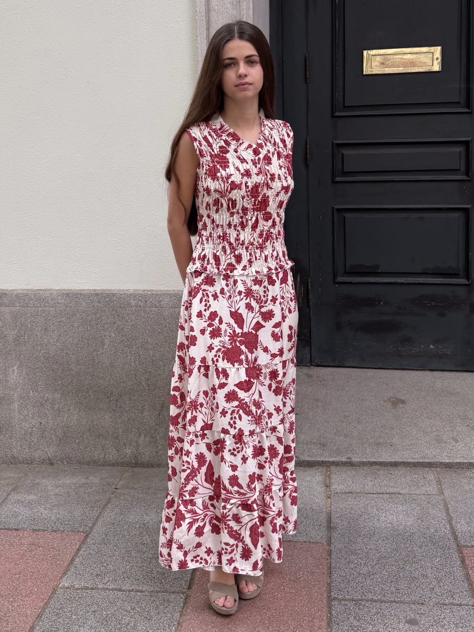 Vestido Midi Floral Rojo Crudo