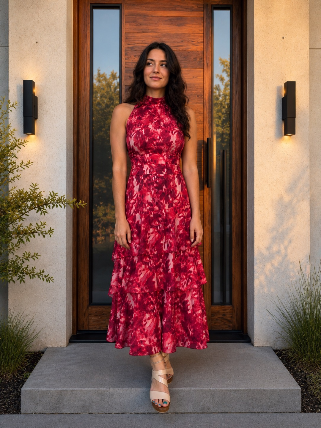 Vestido Halter Acuarela Coral La falda de volantes asimétricos crea un movimiento ligero y femenino, convirtiéndolo en una opción perfecta para eventos, celebraciones y ocasiones especiales de primavera y verano.
