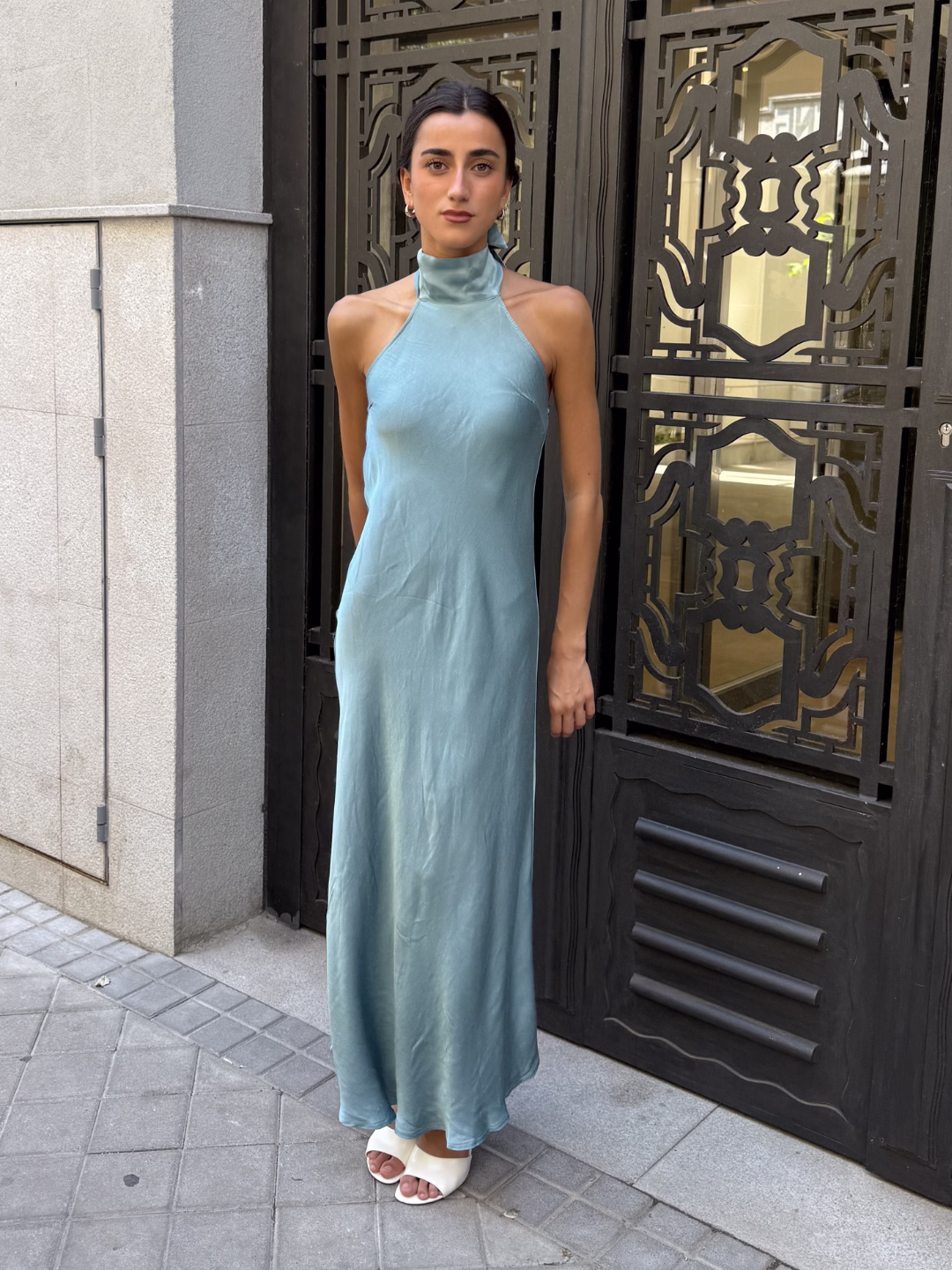 Vestido Raso Corte al Bies Celeste
