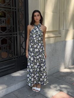 Vestido Largo Floral Azul Marino