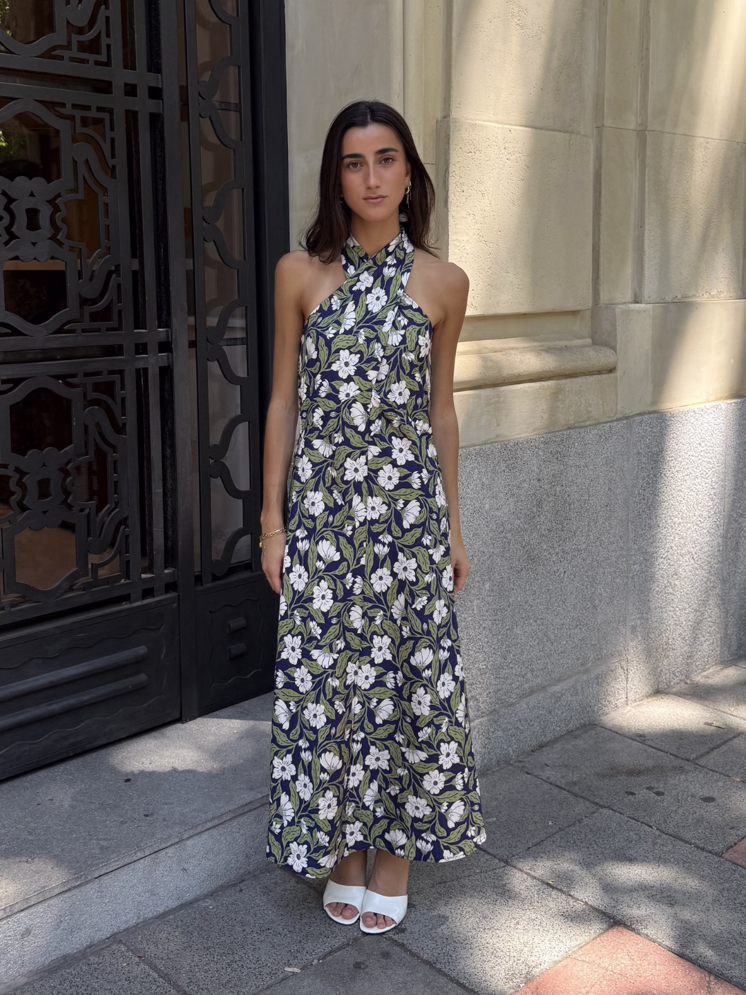 Vestido Largo Floral Azul Marino