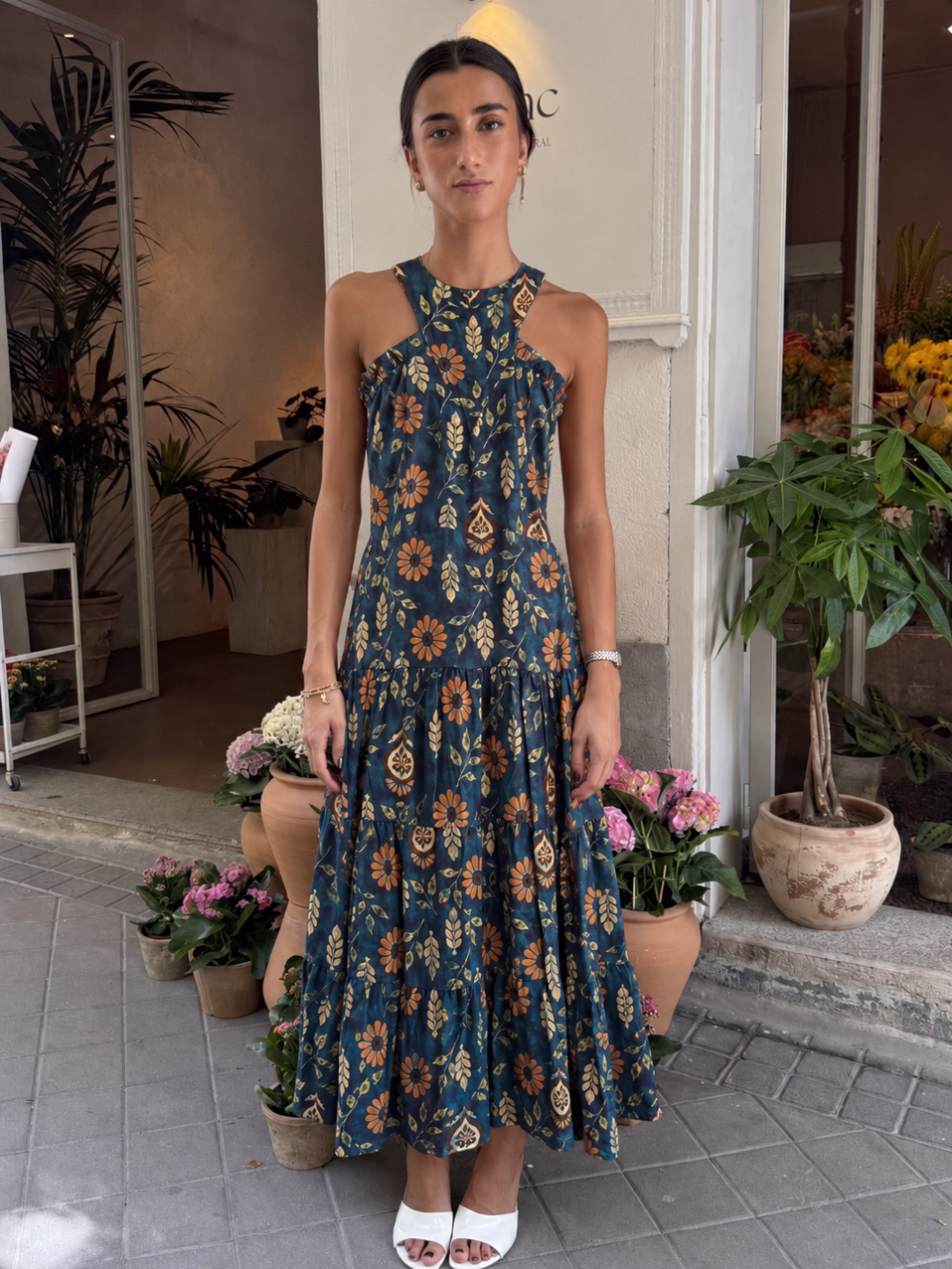 Vestido Kioto Floral Azul Petróleo