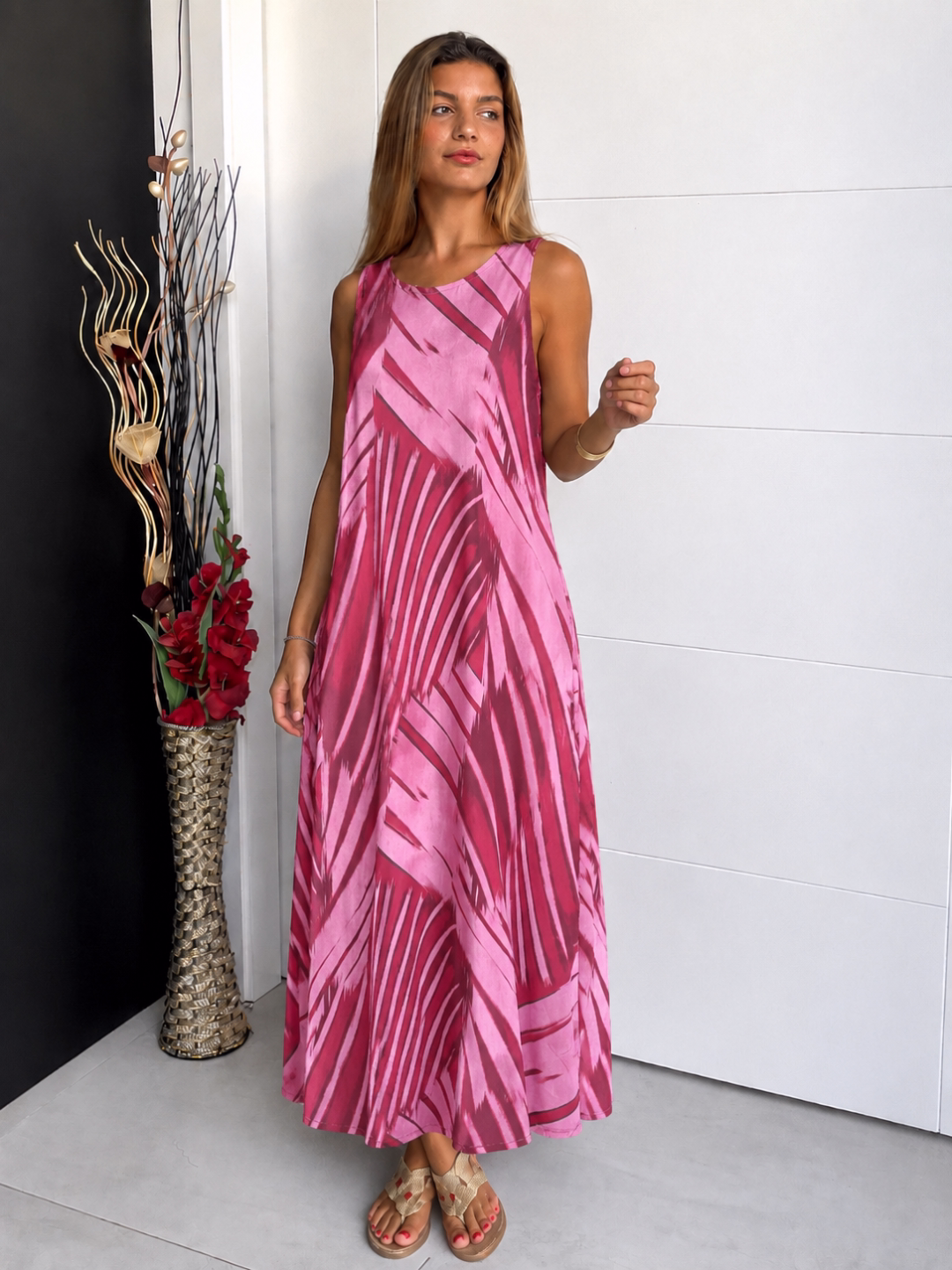Vestido Seda Fría Palmeras Fucsia