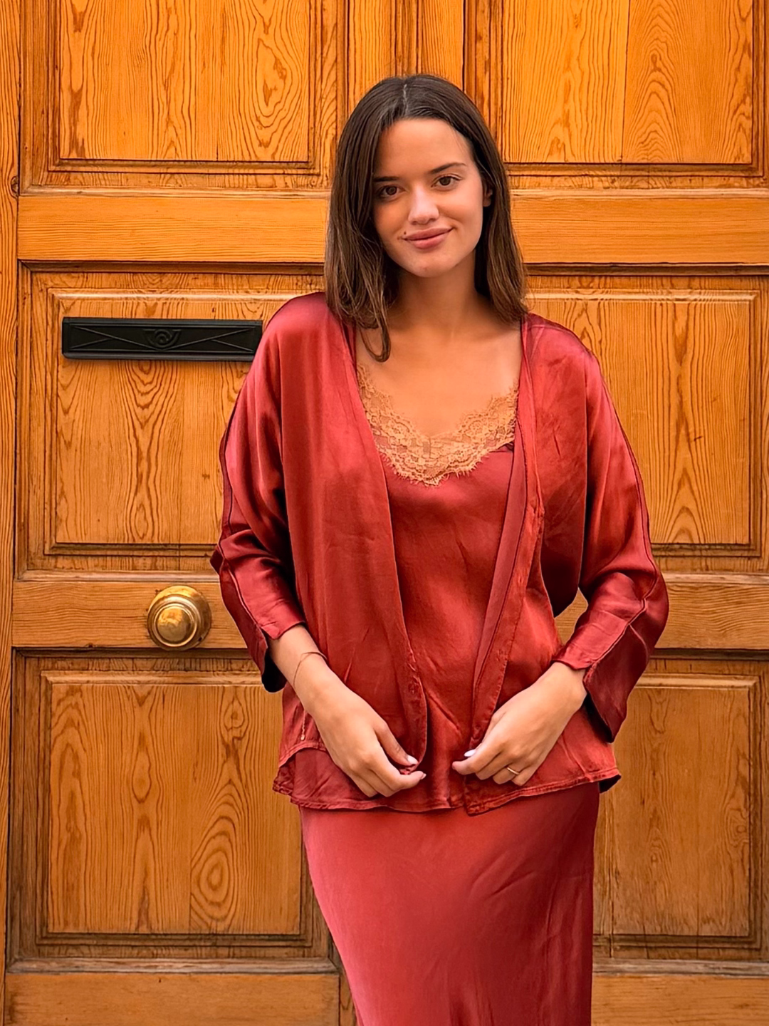 Chaqueta Vittoria Efecto Seda Rojo Teja