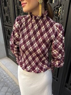 Blusa Smock Cuadros Burdeos - Imagen 3